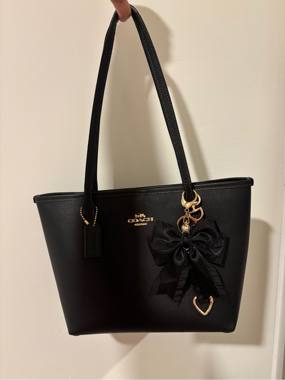 Coach Black Leather Tote with Bow and Gold Charm